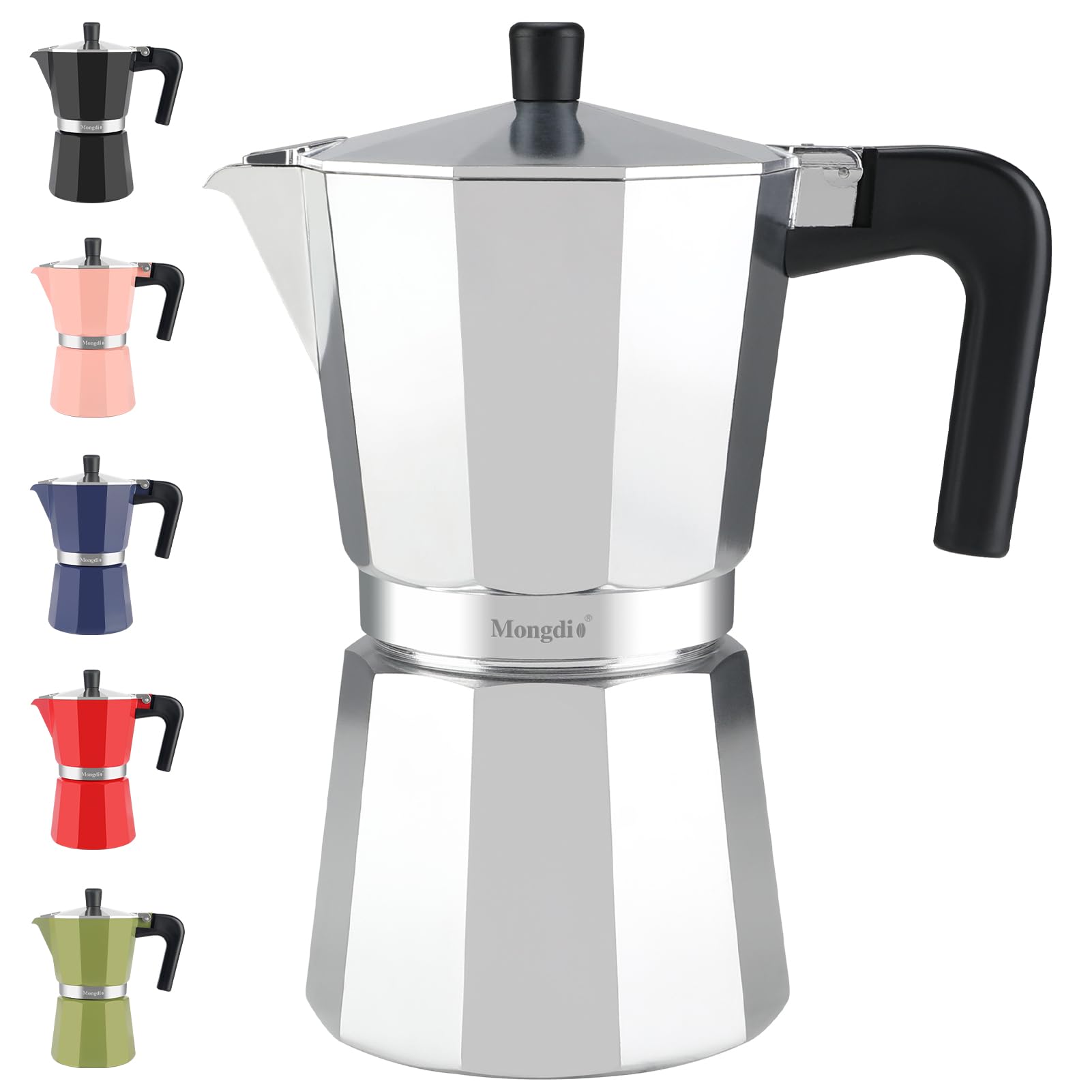 Mongdio Stovetop Espresso Maker Moka Pot, Stove Top Cuban Coffee Maker, Italian Greca Mocha Pot, 12 Espresso Cups, 20 oz - Silver