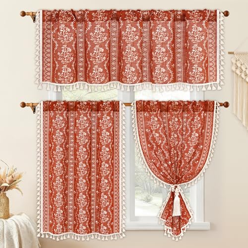 Image of Yinhua Boho Kitchen Curtains and Valances Set Vintage Linen Terracotta Cafe Curtains Light Filtering Rod Pocket Valance Burnt Orange Farmhouse Rustic Tassel Tier and Valance, 52 inchW X 18 inchL+26 inchW x 36 inchL