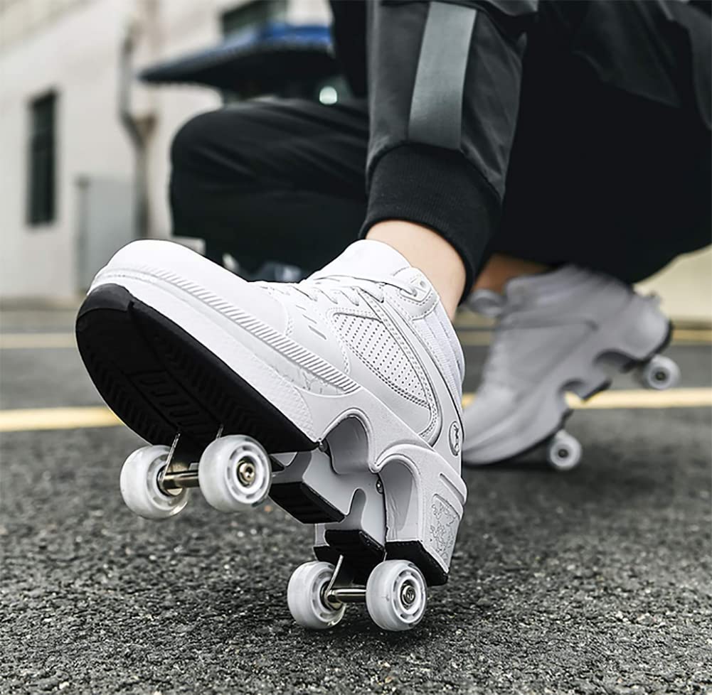Scarpe con Ruote 2 in 1 per Bambini e Ragazzi, Skateboard, Scarpe da Ginnastica Multiuso, Pattini a Rotelle Quad, Moda, Regalo di Compleanno, Unisex, Bianco, 35 EU