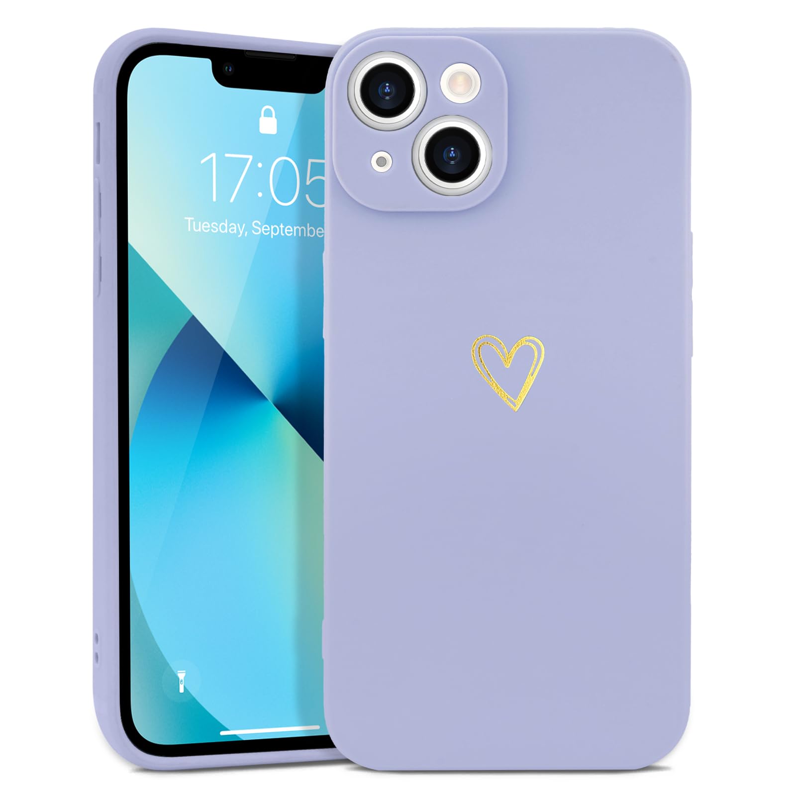 for iPhone 13 Case Cute Heart Pattern Soft Shockproof Protective Silicone Phone Case for Women Girls Lilac Purple