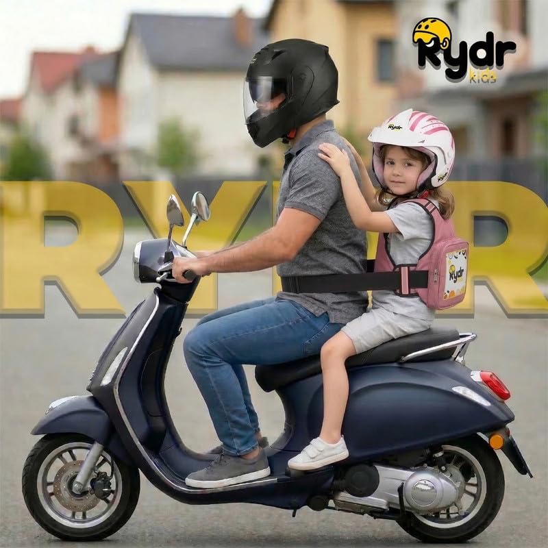 Image of RYDR Premium Motorcycle Safety Harness for Kids (2-12 Years) Adjustable Two-Wheeler Safety Belt for Child Rider with Reflective Strip & Storage Pocket (Pink, with Pocket)