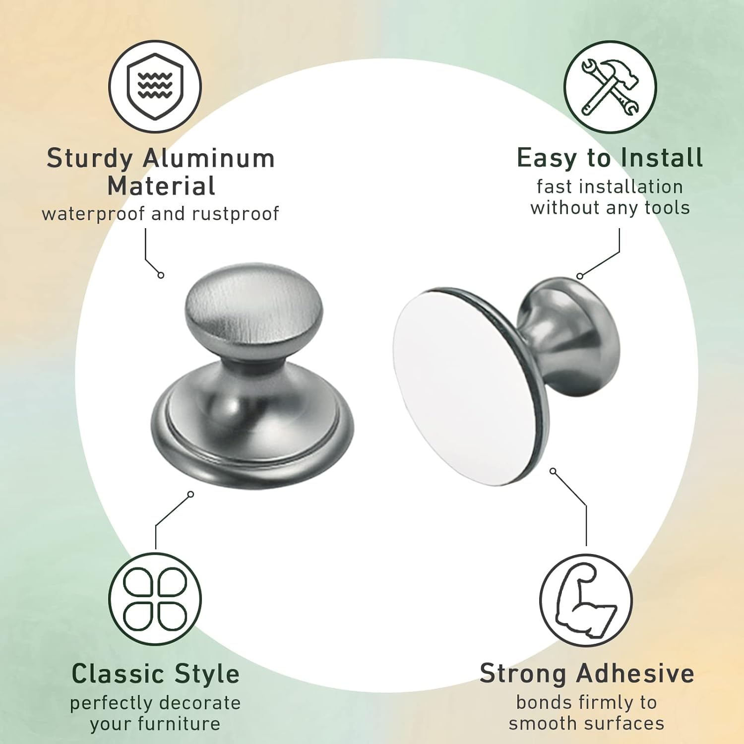 6 Pack Self-Stick Knobs Brushed Nickel Self-Adhesive Drawer Knobs Aluminum No Drilling Cabinet Handle Pull with Adhesive Grey Knob for Cupboard Fridge Dresser Window 6pcs (Grey,1-1/10”)