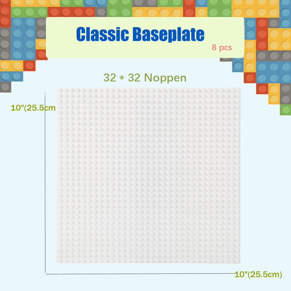 Set di 8 pannelli compatibili con la maggior parte delle marche, classici mattoncini da costruzione, compatibile con tutti i marchi più grandi e Activity Table, 25,5 x 25,5 cm, piastra di base bianco