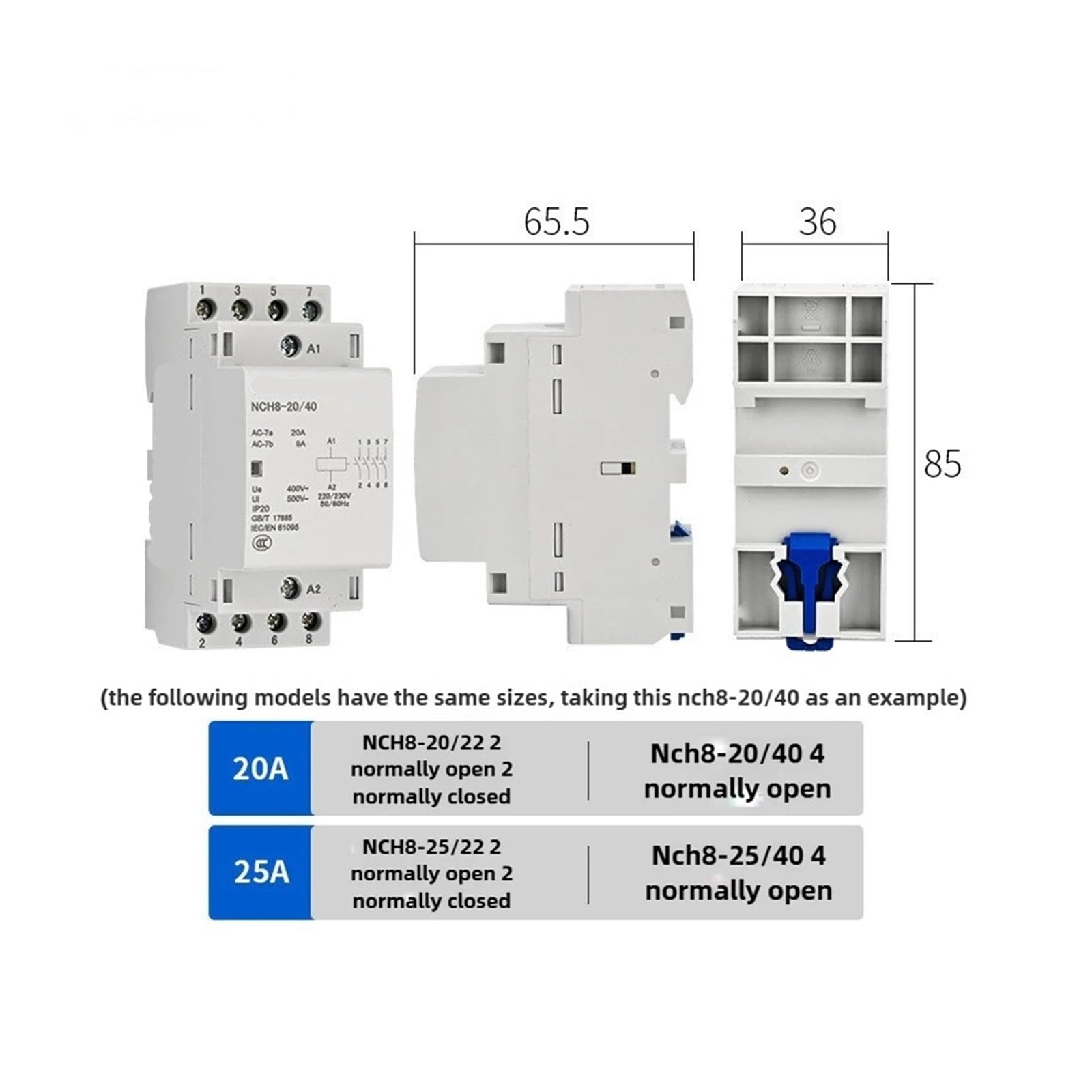 NC H8 20A 25A 40A 63A Rail hogar AC Contactor Modular | For el hogar 2NO 2NC 1NO1NC 2NO2NC 4NO 220V/230V contactor 220v(NCH8-63A,1NO1NC)
