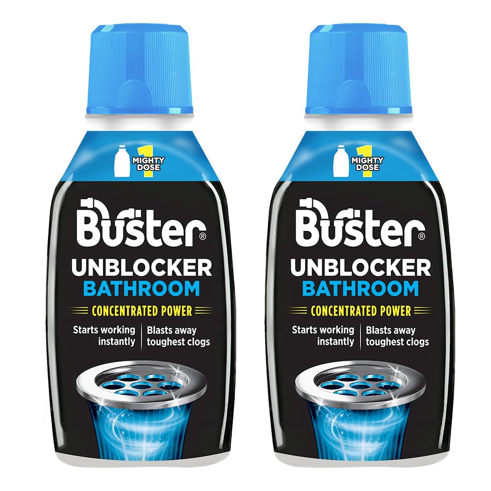 Buster Bathroom Drain Unblocker (Pack of 2 x 300ml) Fast-Acting Sink Unblocker Dissolves Hair, Sludge and Soap, Drain Cleaner Clears Blockages in Shower, Bath and Bathroom Sink Pipes - Made in UK
