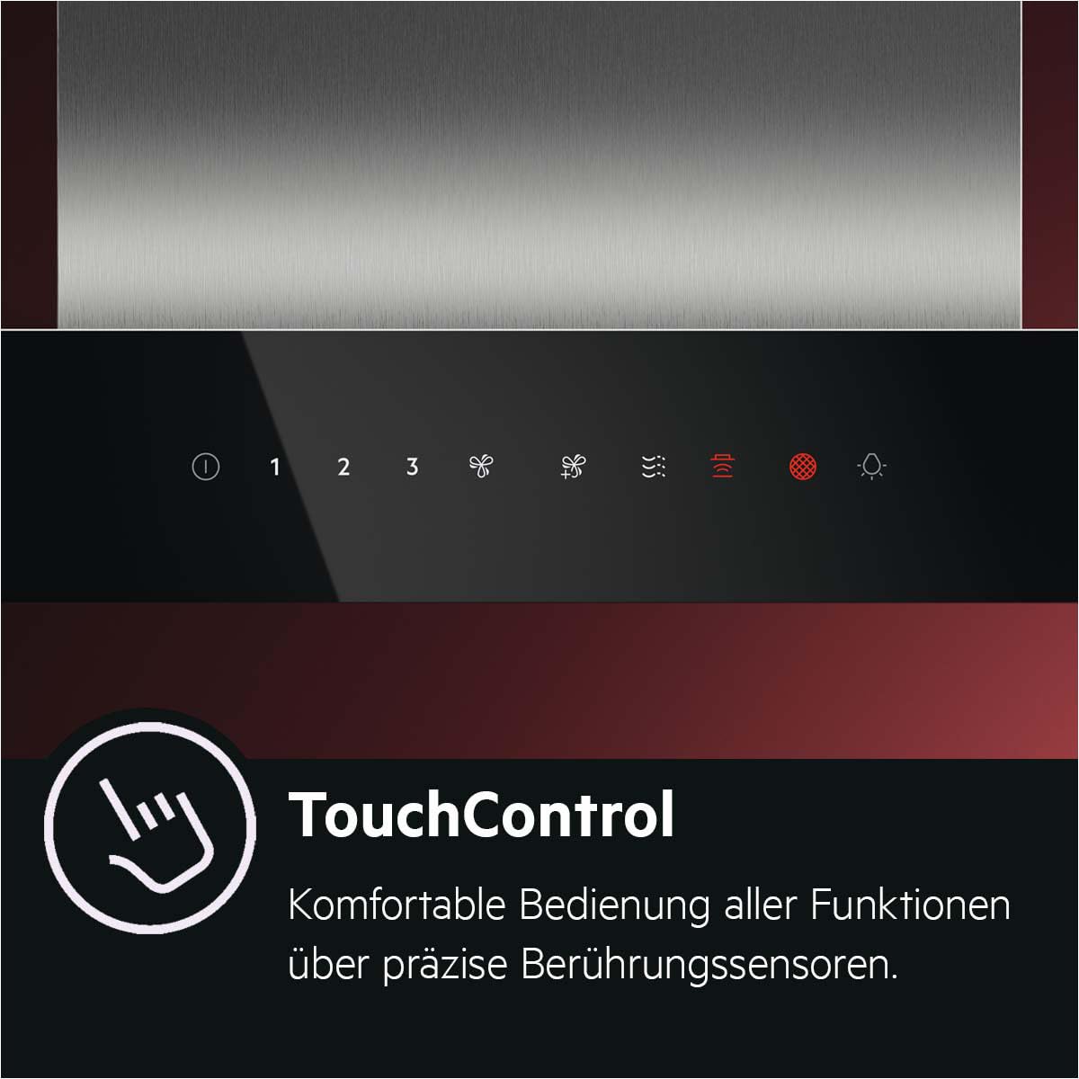 AEG Dunstabzugshaube Serie 6000 mit Lüften-Funktion 60cm – Kaminhaube mit Glas – Ab- und Umluft – max. 730 m³/h im Abluftbetrieb mit max. 74 dB(A) – Touch-Bedienung – Edelstahl – GB67D61HL