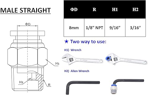 Vista 197 de Empuje para conectar conexión de tubo de 1/8" OD x 1/4" macho NPT rosca, línea de agua recta macho neumática, conectores de empuje rápido
