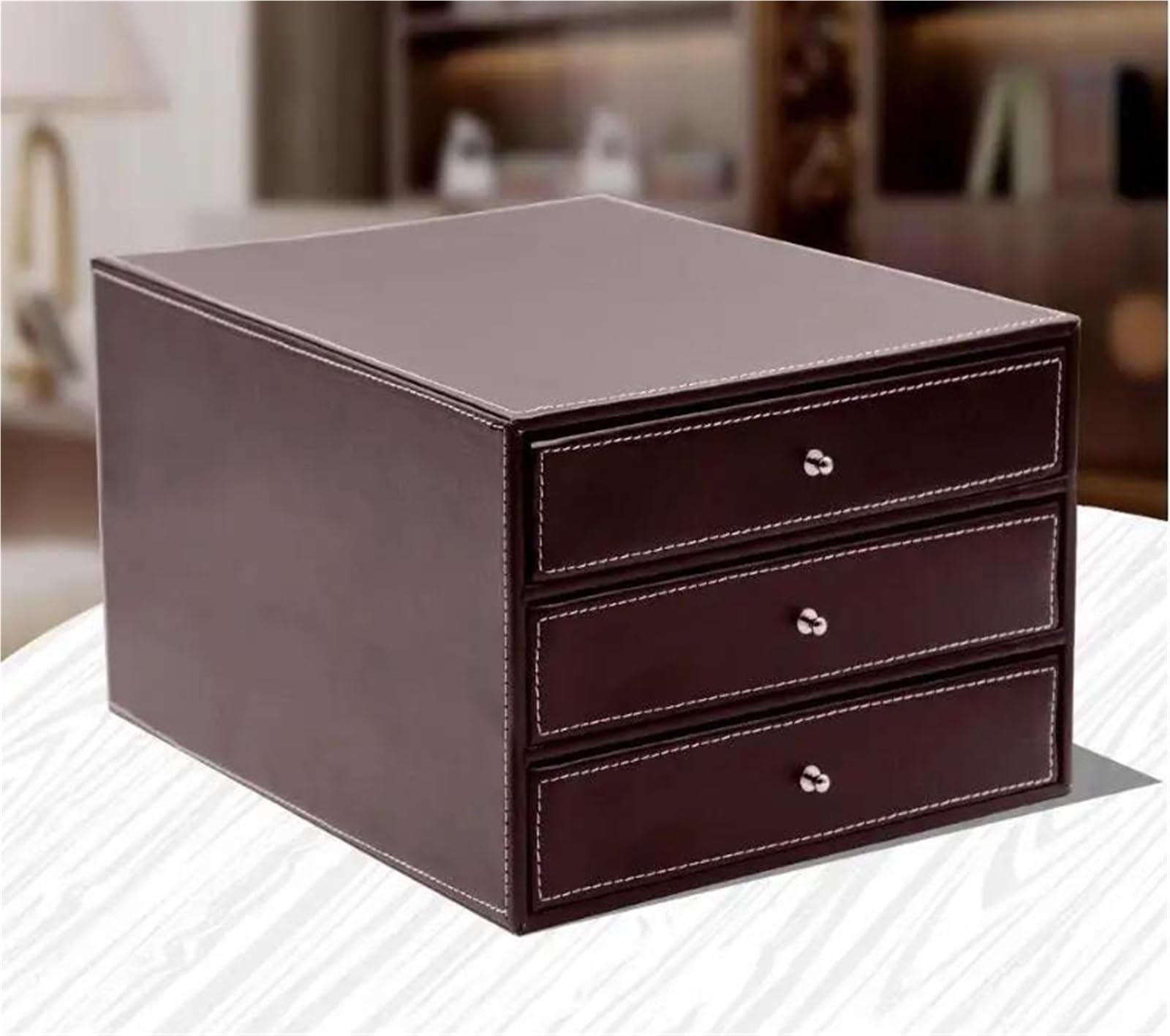 Portagioie Viaggio Organizer Contenitore Per Documenti Marrone Hot 213A Armadietto Da Scrivania In Pelle Scatola Portaoggetti A 3 Strati E 3 Cassetti（25*33*17cm） Porta Collane Chiuso Portagioie Da Via