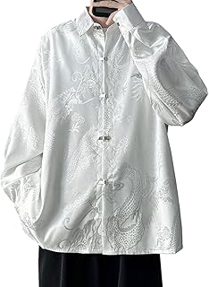 [ＷＡＮＳＨＩＸ] チャイナ風 メンズシャツ 長袖 ドラゴン 白シャツ 折り襟 開襟シャツ 春 秋 龍 柄 トップス 唐装 上着