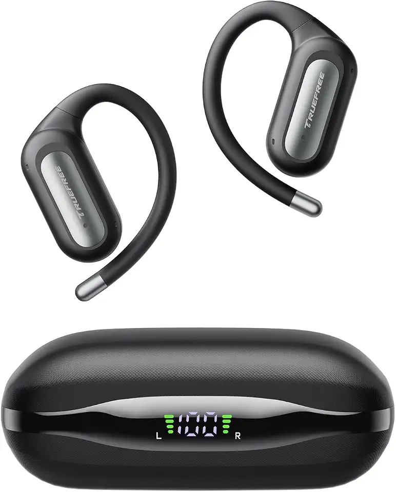 TRUEFREE EarFit DS1 Open Ear Wireless Earbuds Headphones, Bluetooth 6.0 Ear buds Earhook with LED Display, 40H Playtime, Waterproof IPX5, Secure Fit, Noise Cancelling Mic for Sport, Work & Commute