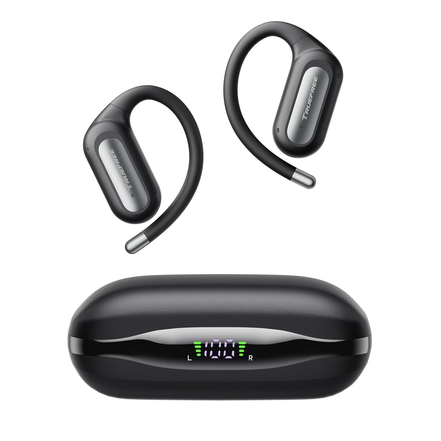TRUEFREE EarFit DS1 Open Ear Wireless Earbuds Headphones, Bluetooth 6.0 Ear buds Earhook with LED Display, 40H Playtime, Waterproof IPX5, Secure Fit, Noise Cancelling Mic for Sport, Work & Commute Black