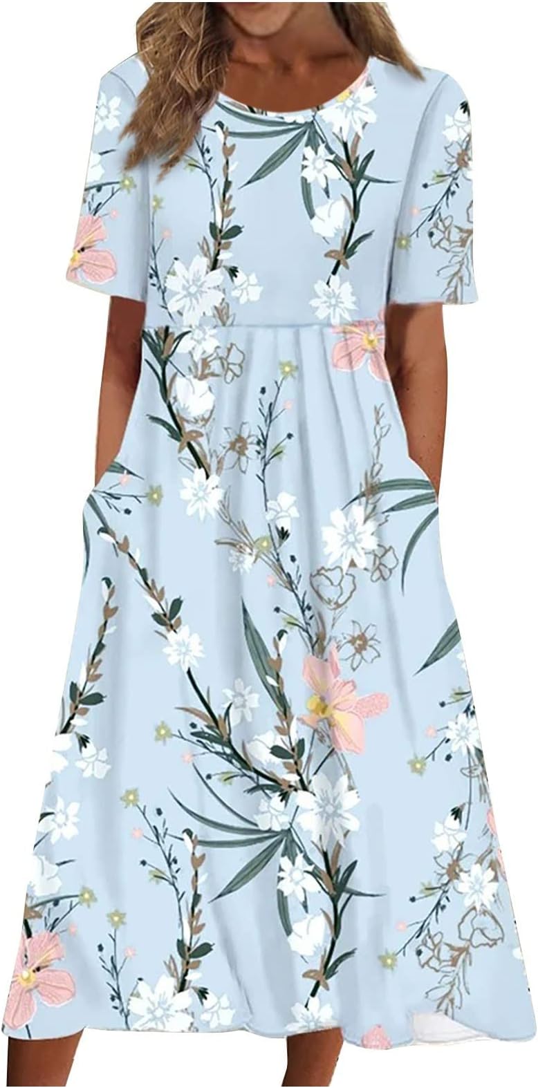 Dresses for Women 2023 Fashion High Waist Printed Short Sleeve Dress Casual Loose Round Neck Pleated Pocket Dress