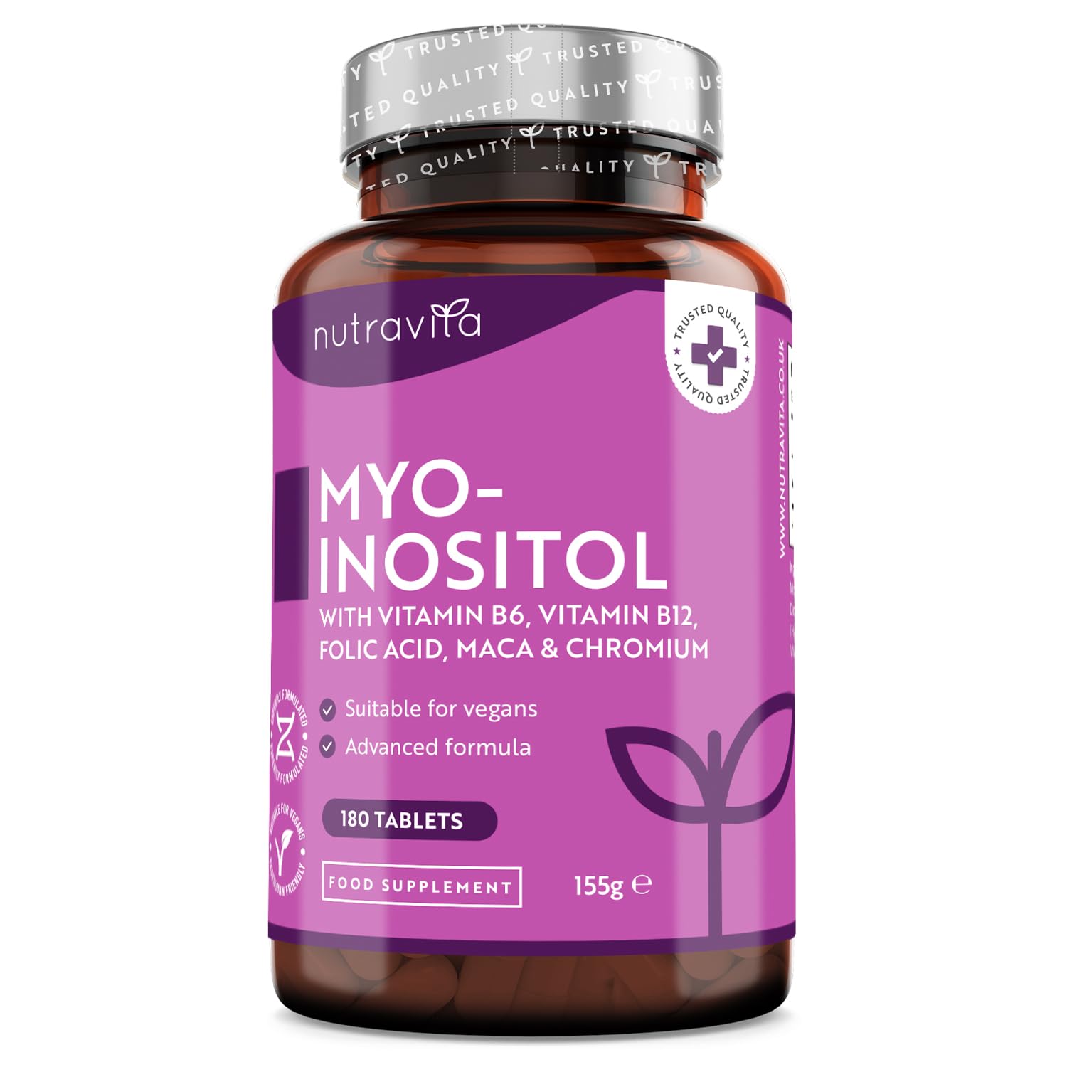 Myo-Inositol Tablets with Folic Acid, Vitamin B6, B12, Maca and Chromium - PCOS Support Supplement - 180 Vegan Tablets - Prenatal Vitamins for Women - Alternative to Inositol Powder - Nutravita