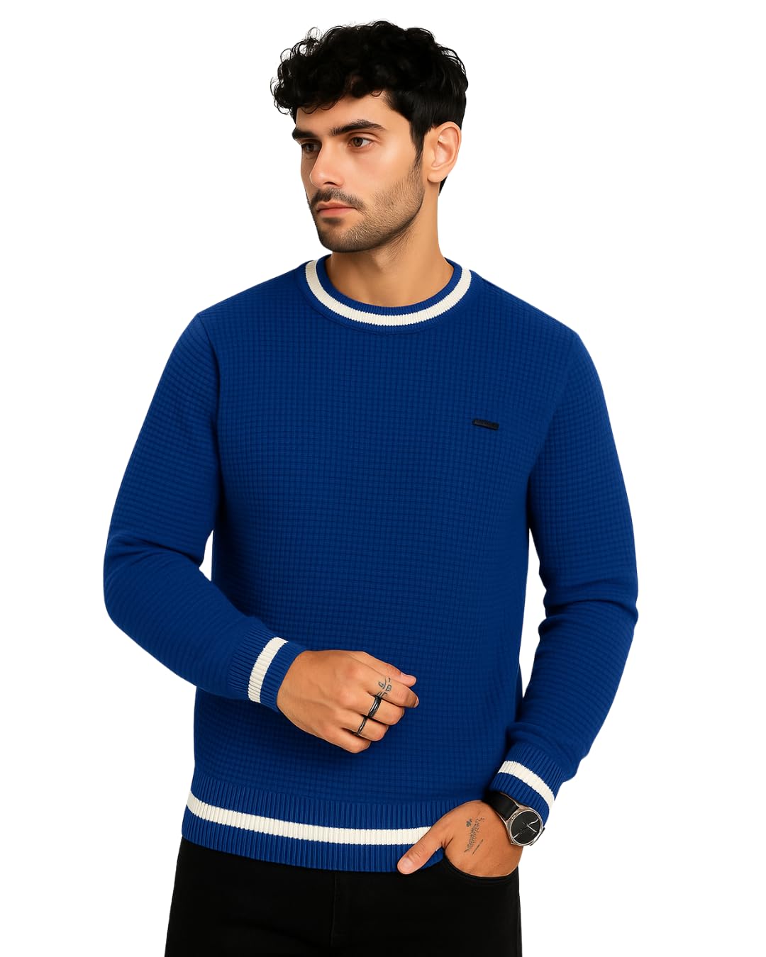 wulvee Men's Round Neck Sweater, Full Sleeves, White Trim,-picture-39