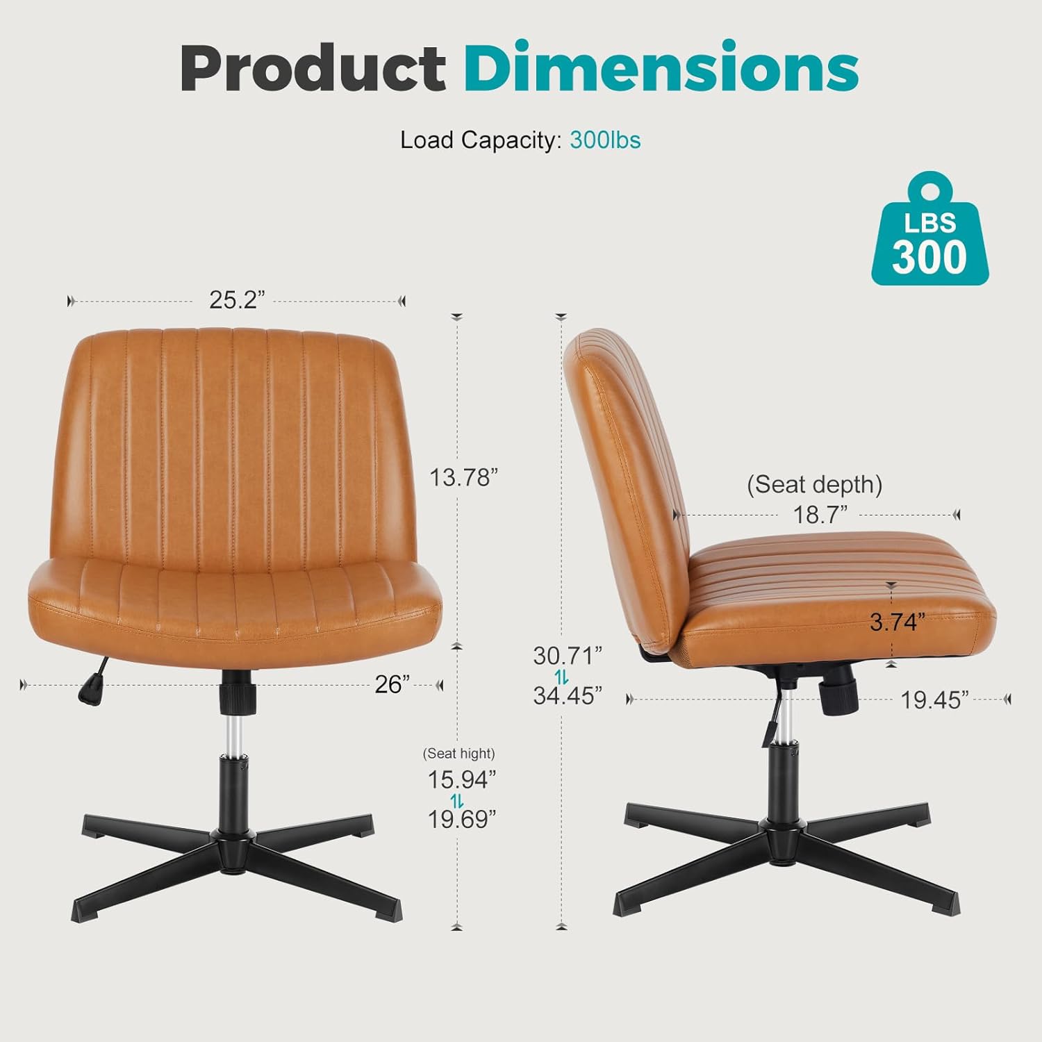 edx Criss Cross Chair,Armless Legged Office Desk Chair No Wheels, Leather Padded Wide Seat Modern Swivel Height Adjustable Mid Back Computer Task Vanity Chair for Home Office,Brown