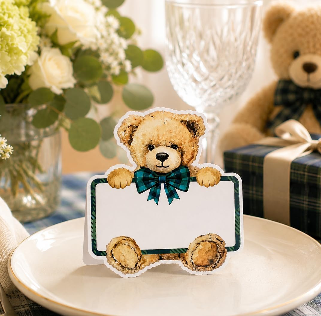 Whaline 100Pcs Tartan Bear Place Cards Green Plaid Bow Bear Seating Cards Cute Cartoon Tent Name Card for Baby Shower Gender Reveal Birthday Party Table Setting Supplies