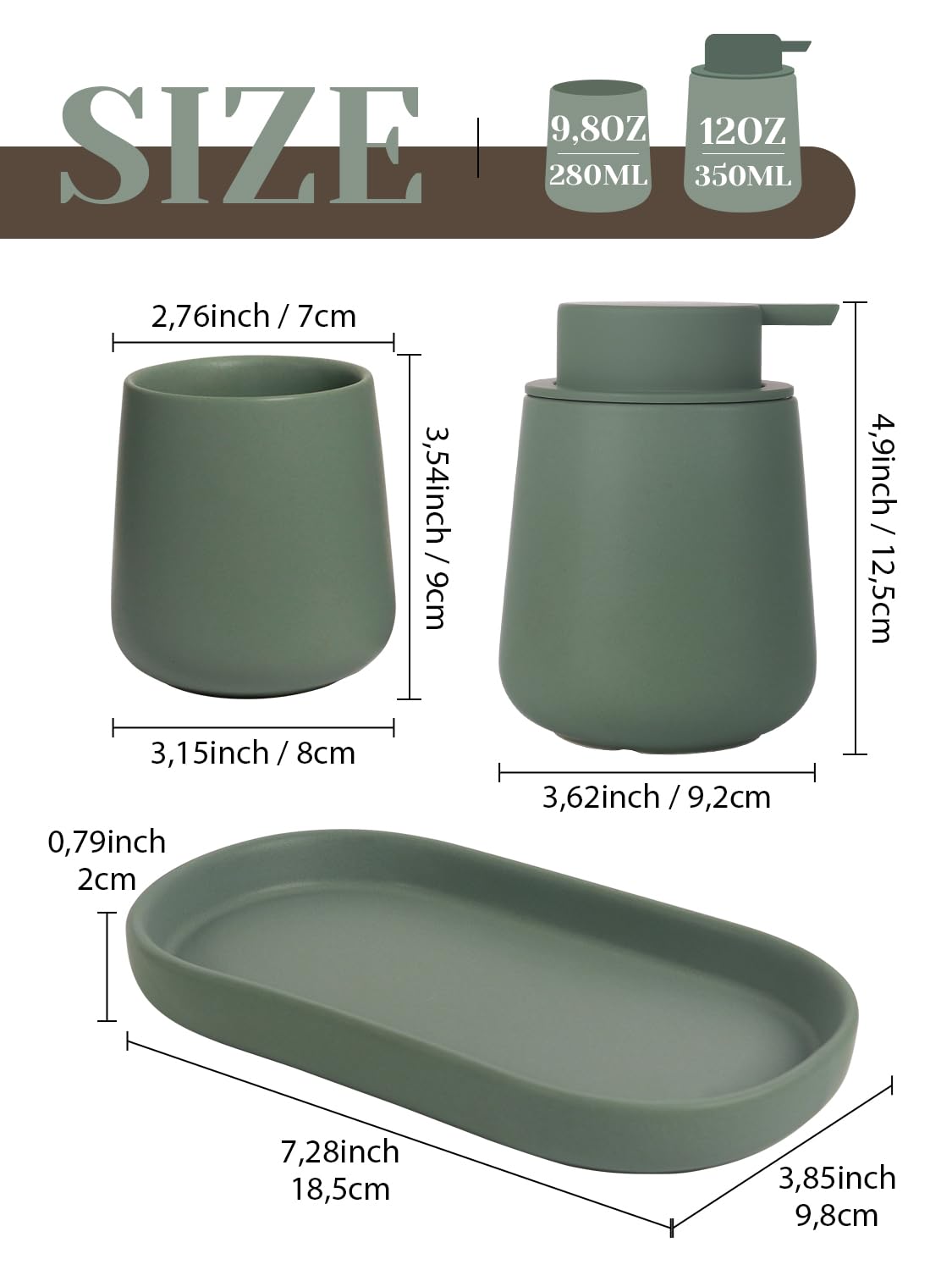 Set da bagno verde, 3 pezzi di accessori da bagno in ceramica, accessori da bagno decorativi, include dispenser per sapone in schiuma da 350 ml, bicchiere per spazzolini e vaschetta, adatto