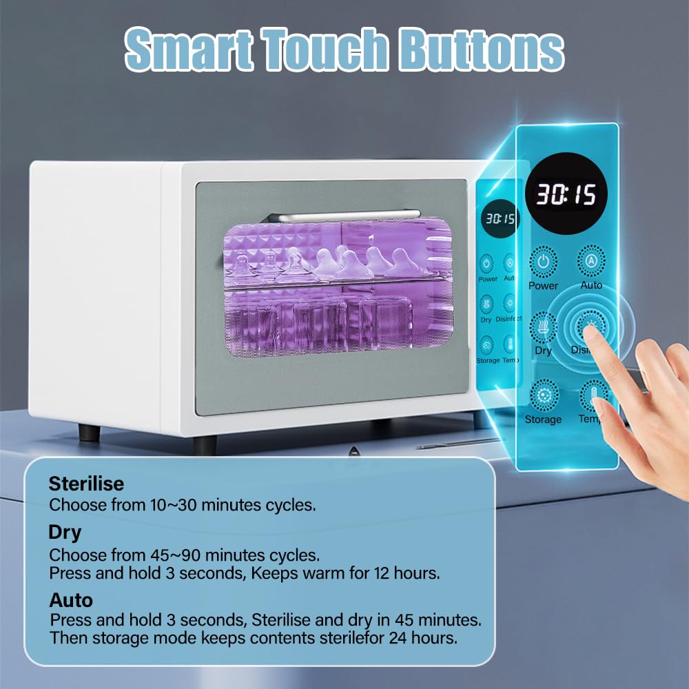 Esterilizador de Biberones con Secado, Esterilizador Eléctrico 3 Configuraciones,Esterilización al 99,99% en 10 Minutos para biberones de silicona y vidrio, chupetes y ropa