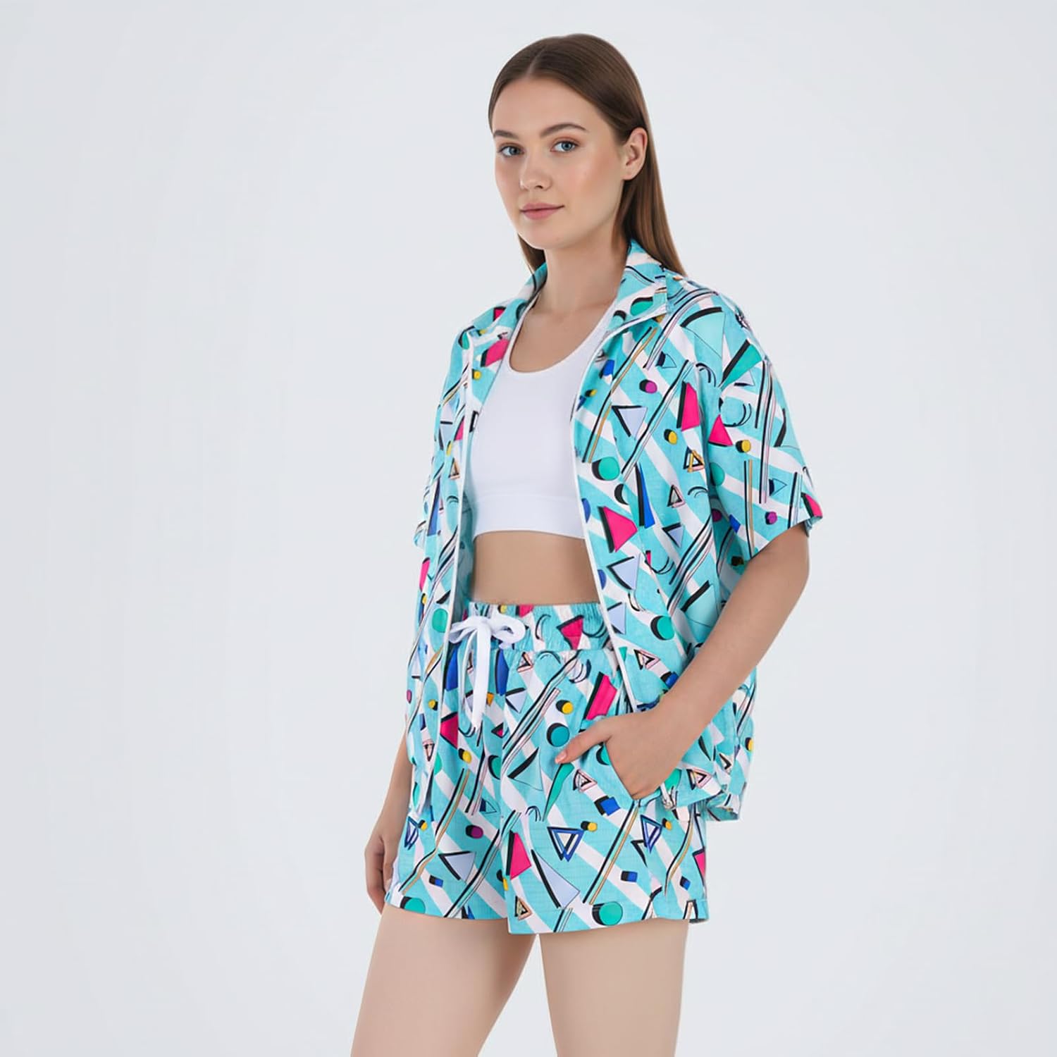 Women's 80s 90s Color Block Outfit 2 Piece Short Sleeve Windbreaker Tracksuit Set Costume Zip Up