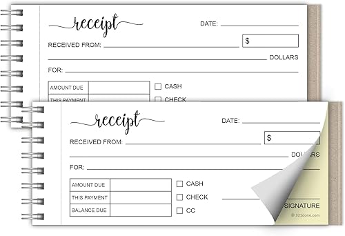 321Done Paquete de 2 libros de recibos en espiral, fabricado en Estados Unidos, encuadernado en espiral sin carbono de 2.75 x 6, libro de recibos