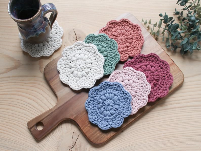 crochet sunflower coaster cotton crochet set of 6 made to order colour multicolour tables set
