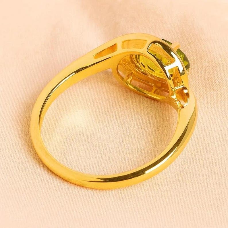 14K Yellow Gold Plated Sterling Silver Oval Peridot Swirl Ring for Women Genuine Green Gemstone Bypass Ring GMR-48