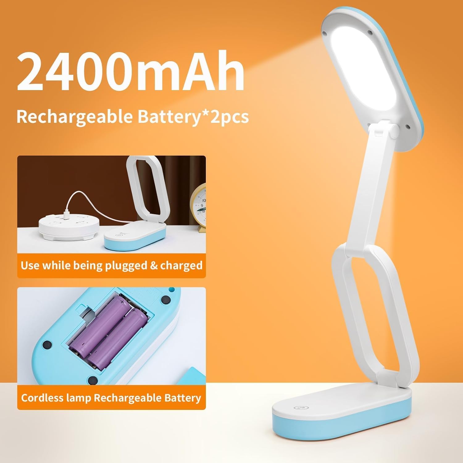 Cordless Desk Lamp Reading Light Rechargeable,Small Table Lamp Battery*2 Operated 3000MAH,Foldable/Portable/Touch 3 Light Modes, for Kids Home Bedroom Bedside Dorm Outdoor Camping,Blue