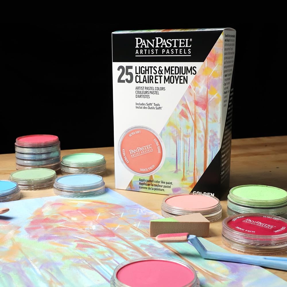 PanPastel Golden Lot de 25 pastels d'artiste de couleur claire et moyenne, 25 couleurs, pastels d'artiste professionnels, format de poêle unique (semblable à un gâteau)