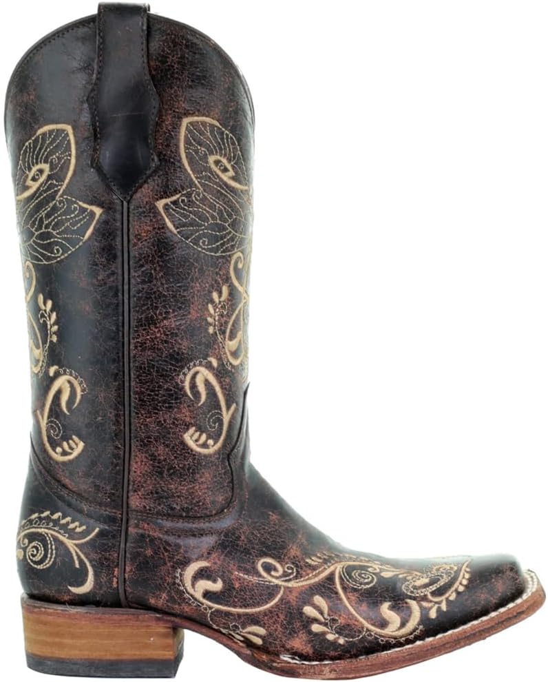 Womens Embroidered Square Toe Casual Boots Knee High Mid Heel 2-3" - Brown