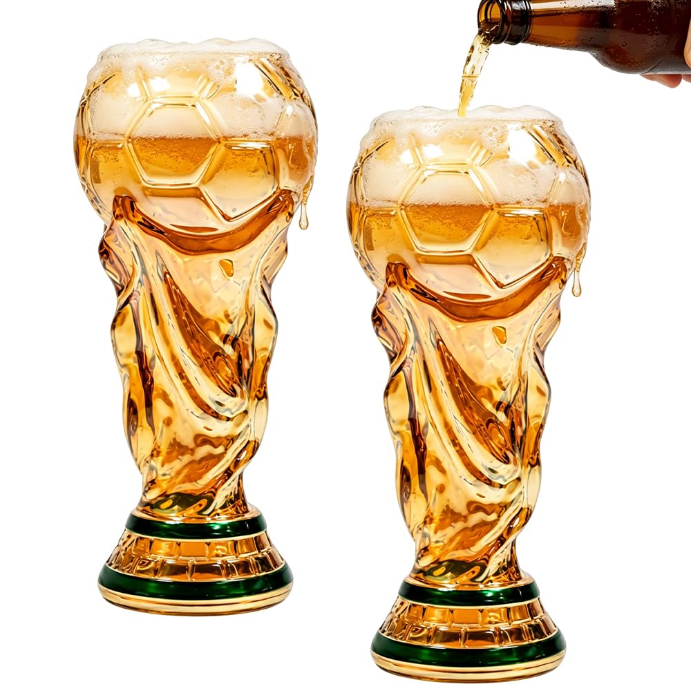 2 sztuki WM Copa ölglas, 500 ml ölsejdel szklanka z uchwytem w kształcie wachlarza, szklanka do piwa, duża szklanka do piwa na imprezę piłkarską, szklana szklanka w kształcie trofeum do piwa