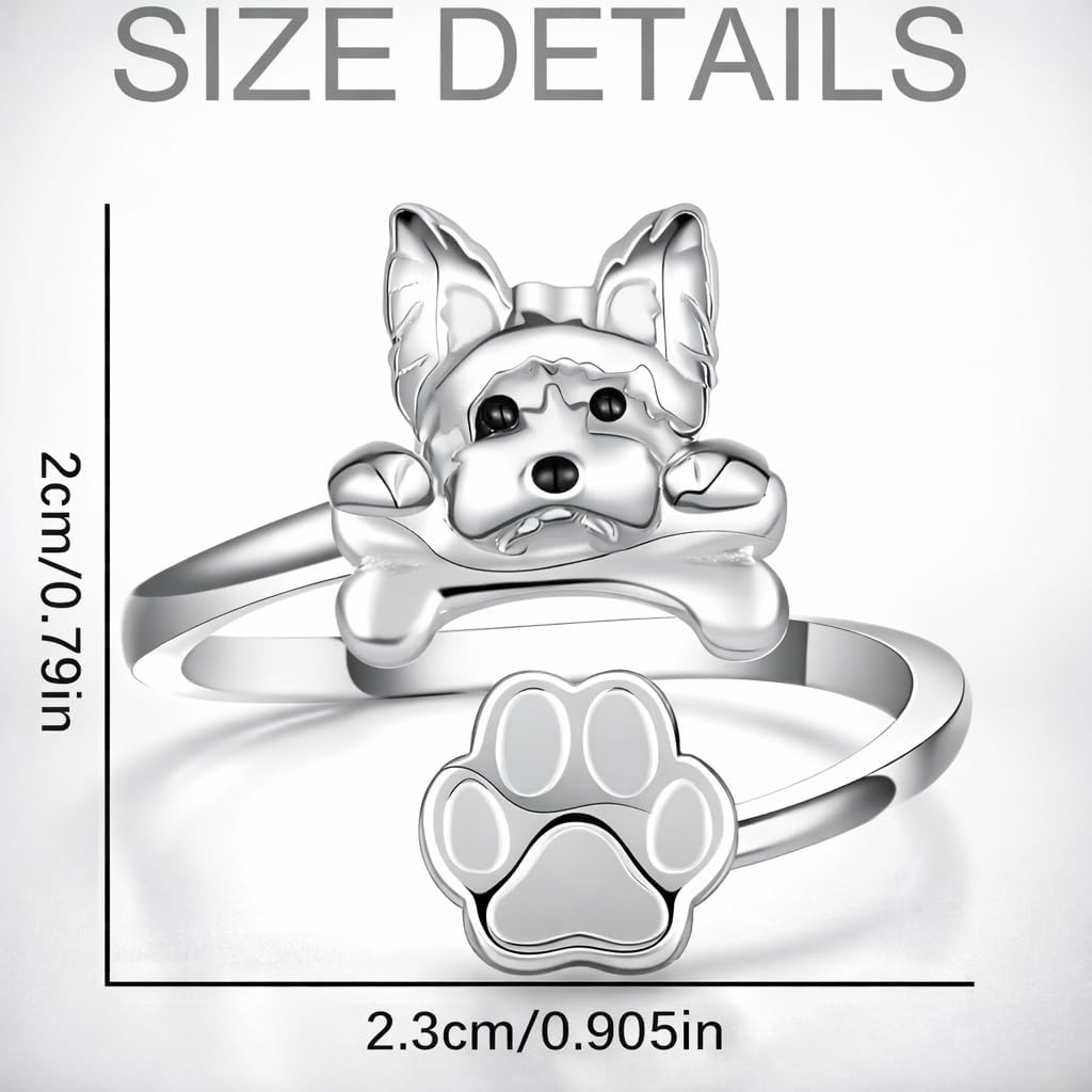 SUPAC German Shepherd, Yorkie, Pug Dog Paw Adjustable Ring, Sterling Silver, Paw Print Design with Crystal Accents - Christmas, Birthday, or Party Ring