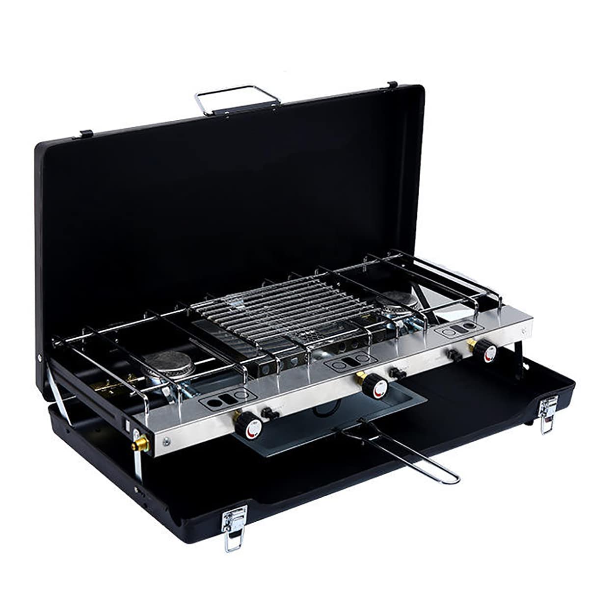 JOSBY Gas Camping Stove, 1 Grill & 3 Burner Propane Stove, Portable Camping Stove with Regulator, Windshield, Toast Tray, for Car Camping, BBQ, Picnics, Outdoor Cooking