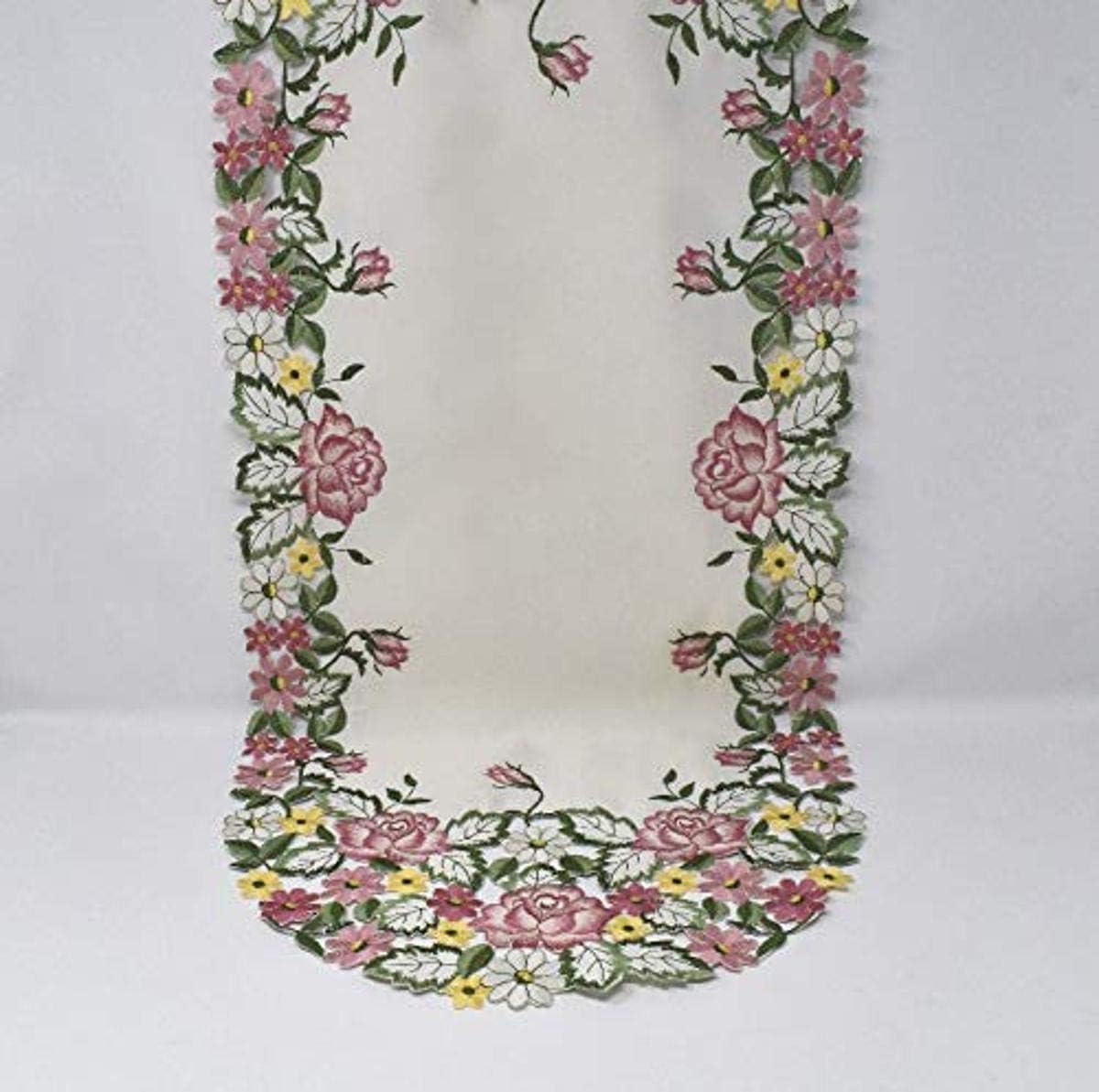 Sainty H0893-(16x72) Pink Rose/Yellow Daisy Oval Table Runner, 16" x 72", Cream