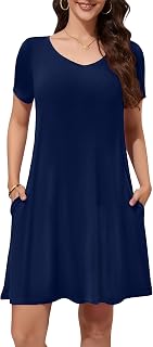 WEACZZY Summer Dresses for Women 2026 V-Neck Casual T Shirt Dress Loose Short Sleeve Flowy Dresses with Pockets