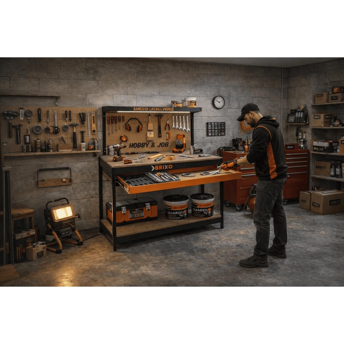 Brixo - Banco da lavoro in legno, con cassetto forato, 120 x 60 x 150 cm