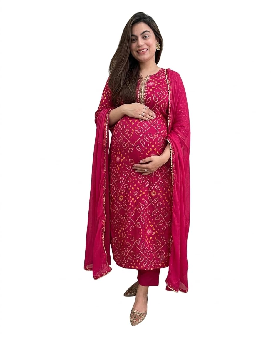 ASSUME FAB Women Maternity Kurta Set with Dupatta for Women | Nursing/Feeding Zip | Soft Rayon Ethnic Wear for Pregnancy &amp;