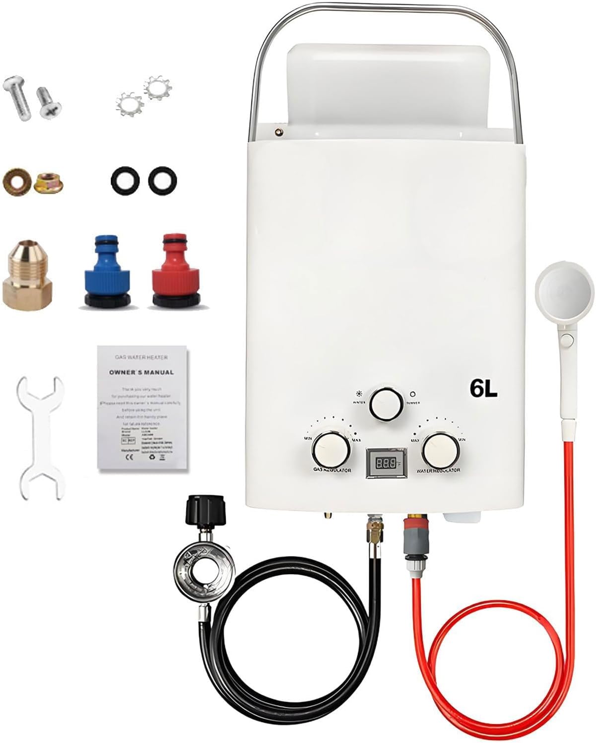 Portable Camper Water Heater,40946BTU Outdoor Tankless Water Heaters,6l 1.58gpm On-Demand Hot Gas Heaters W/Handle & Digital Display,for Camping(Black)