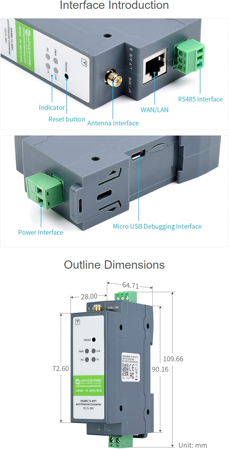 RS485 to W-i-F--i/Ethernet Module Rail-Mount Serial Server Modbus MQTT Gateway, Allow RS485 to W-i-F--i, RS485 to Ethernet, Ethernet to W-i-F--i Converter Module, Support Transparent Transmission Mode