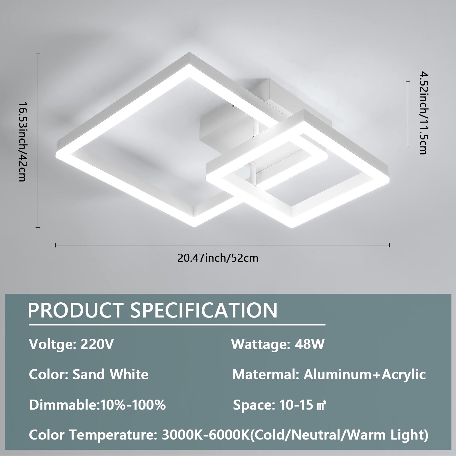 Plafoniera LED Soffitto Dimmerabile, 36W 4050LM Lampadario LED Soffitto con Telecomando 3000K-6500K, Moderna Plafoniera Quadrata per Camera da Letto Soggiorno Cucina Corridoio, Bianco, 52*42*12CM