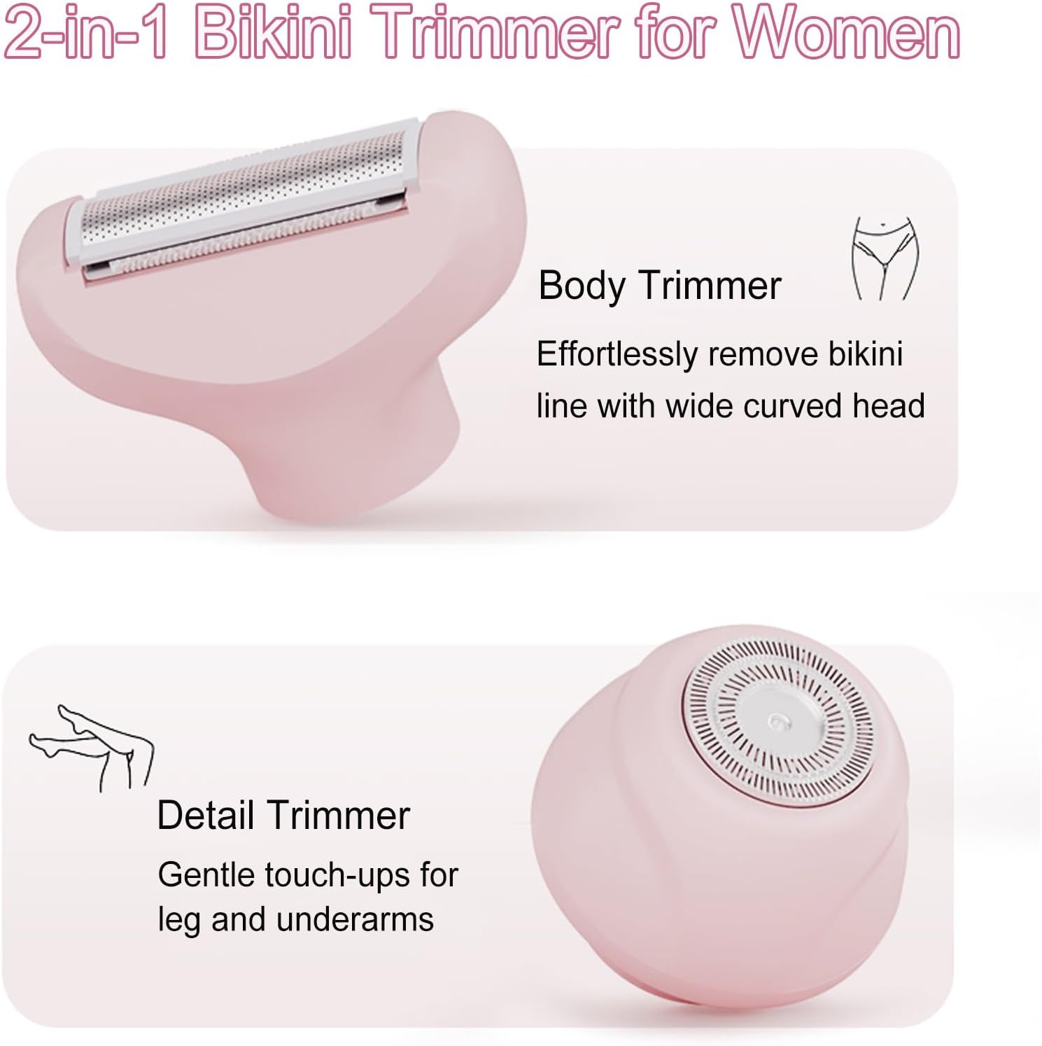 2 in 1 Bikini Trimmer for Women, IPX7 Waterproof Wet/Dry Use Women Electric Shaver, Rechargeable Cordless Electric Razors for Pubic Hair Bikini Legs Arm Underarm Face