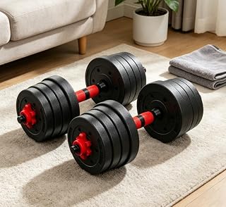 15 kg Adjustable Dumbbell Set for Home Workouts – PE-Coated Cement Weight Plates with Foam-Padded Iron Bar – Strength, Fitness & Home Gym Training Equipment