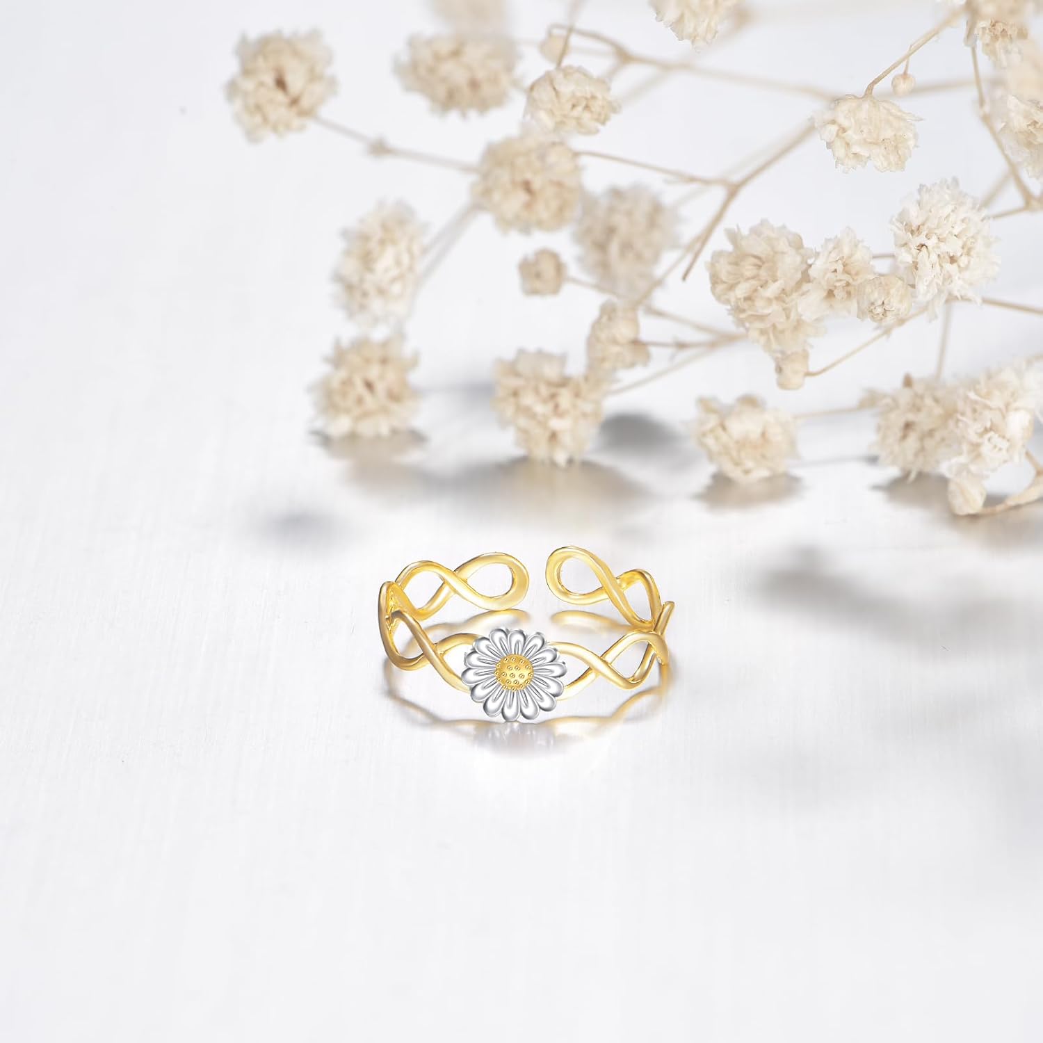 14K Solid Gold Daisy Toe Ring for Women, 14kt Real Gold Adjustable Open Toe Band Rings Summer Beach Foot Fine Jewelry Gifts for Mom Nana Christmas, Adjustable Size 4