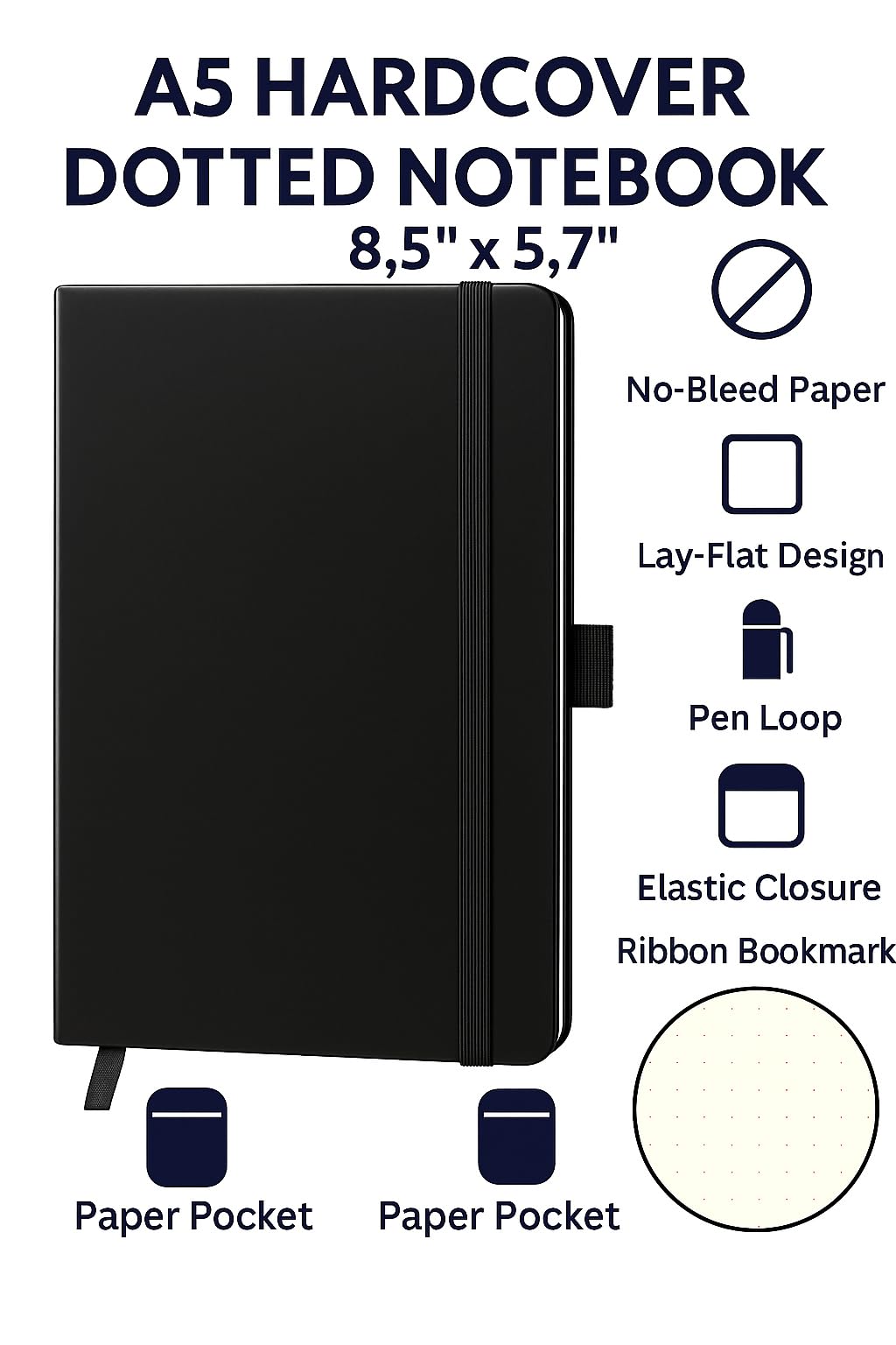A5 Dotted Notebook 192 Pages - Soft Feel Hardcover Writing Notebook with Elastic Closure, Pen Holder & Ribbon Marker - Image 2