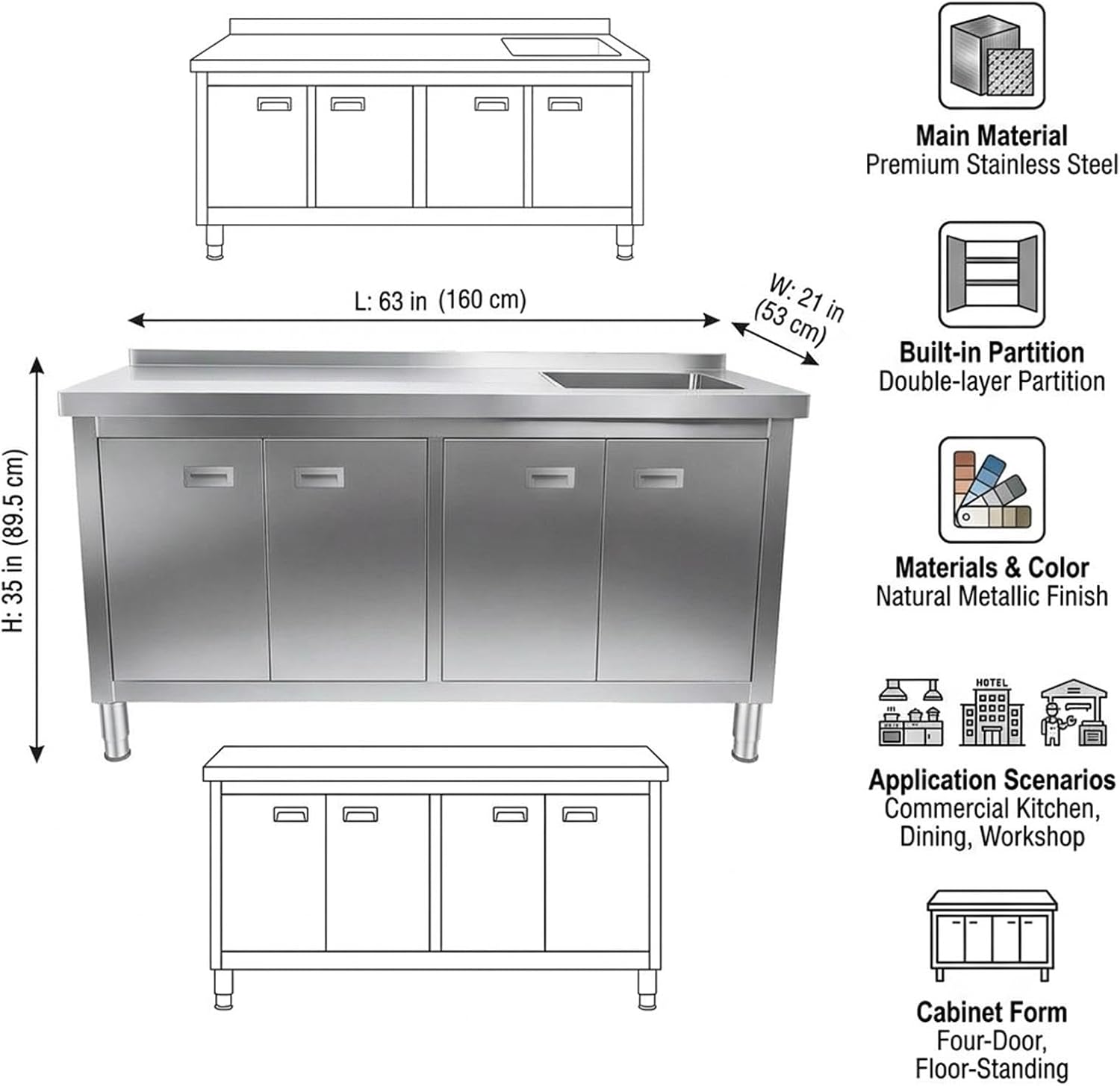 63" x 21" Stainless Steel Utility Sink Heavy Duty Commercial Sink Freestanding Laundry Sink with Large Capacity Storage Cabinet for Outdoor Kitchen Restaurant Hotel Cafe and Garage