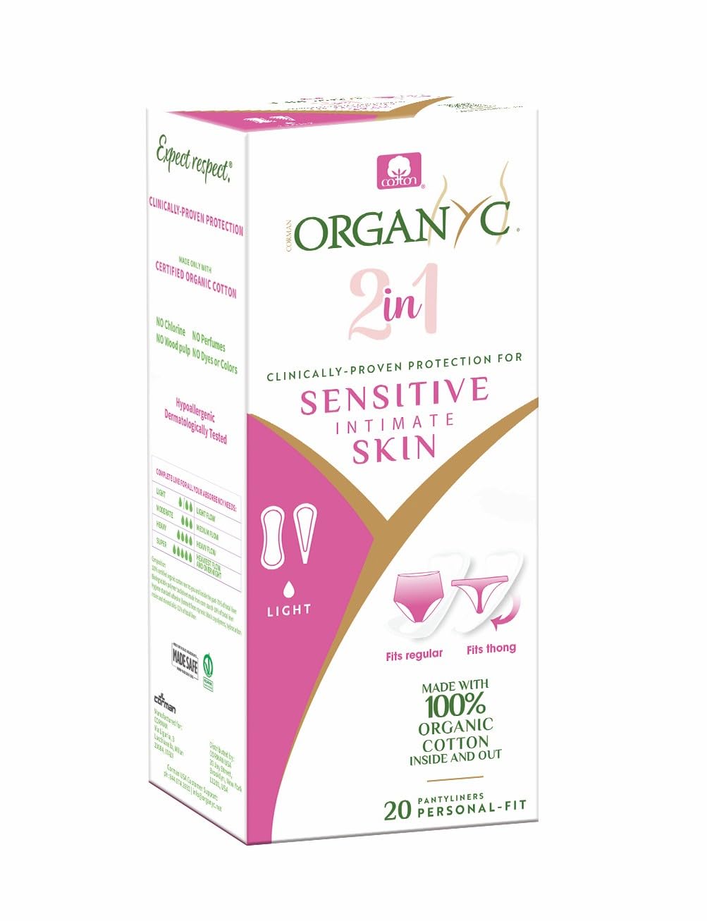 OrganycOrganyc 100% Certified Organic Cotton 2 in 1 Panty Liners for Women Fits Thong or Regular Underwear, Light Flow, 20 CountMADE SAFE