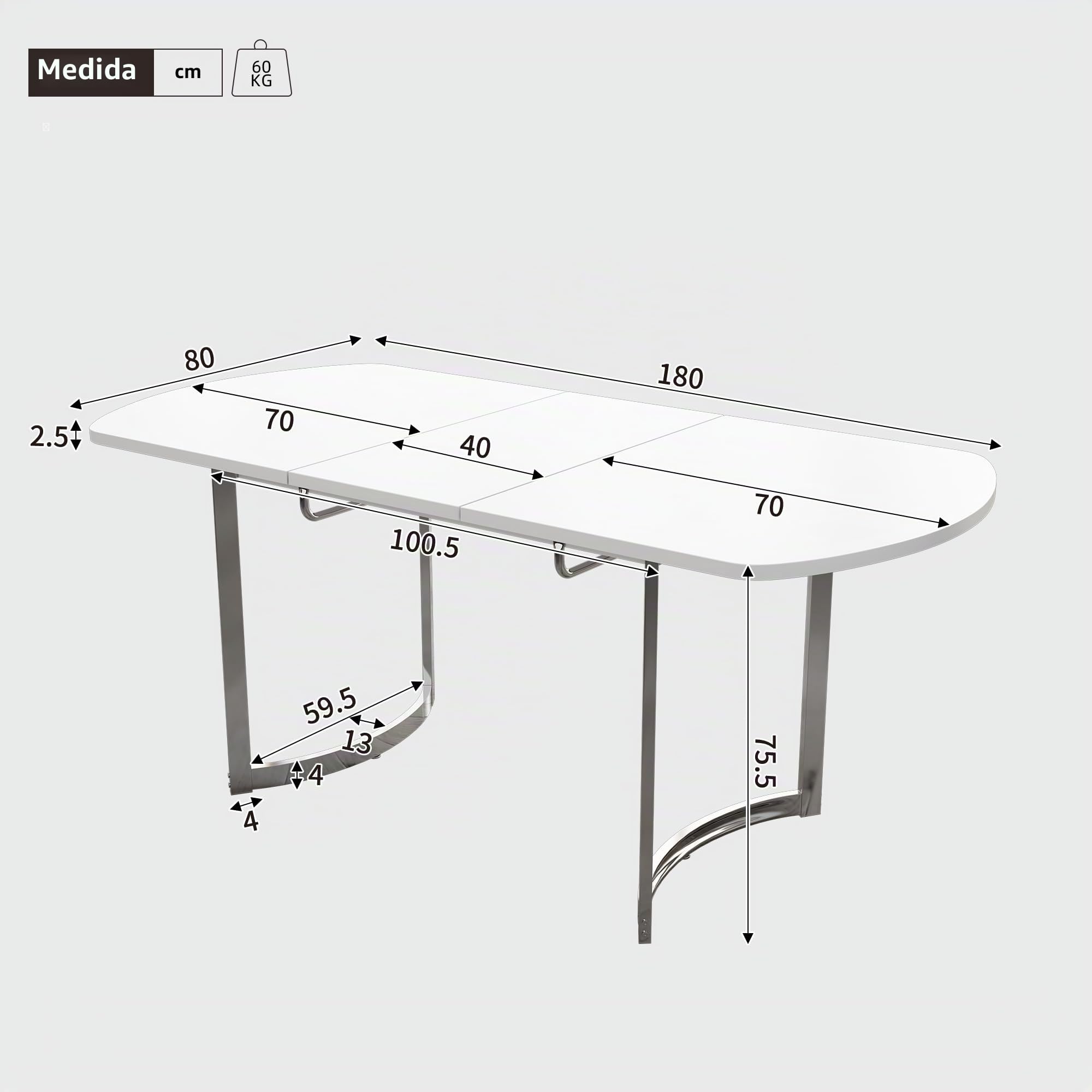 Soweiz Mesa de comedor extensible 140/180 x 80 cm, longitud extensible 180 cm, patas de metal plateadas, soporte de aleación de alta resistencia, adecuado para 4 – 6 personas, color blanco + plateado