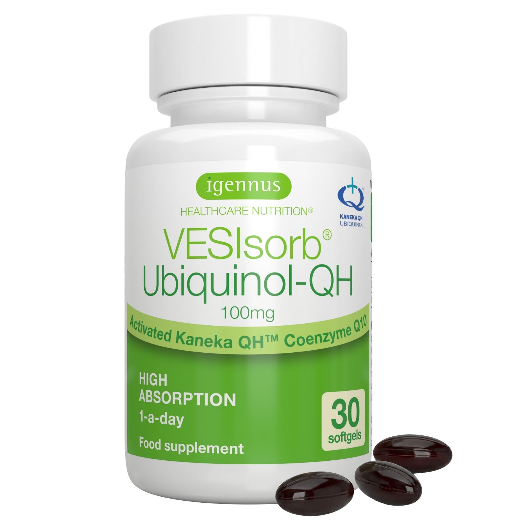 Igennus Vesisorb Ubiquinol Kaneka CoQ10 100mg Absorption Maximale 30 Molles | Biodisponibilité 600% Supérieure, Formule Hydrosoluble à Action Rapide