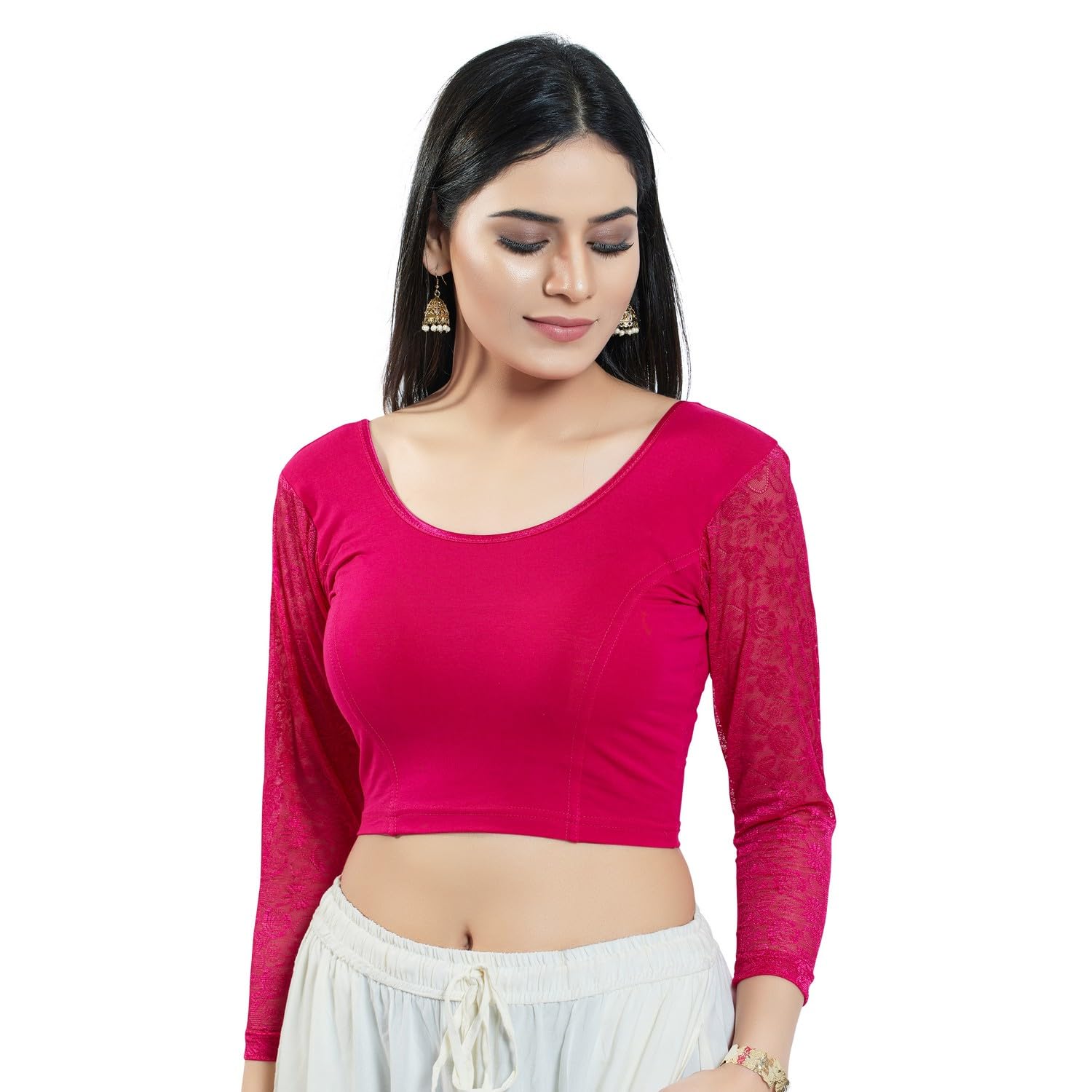 Pink Long Sleeves Solid Stretchable Saree Blouse_VF-0328-PINK