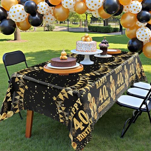 Image of Labeol 3 Pack 40th Birthday Tablecloth, Black and Gold Happy 40th Birthday Decorations, Disposable Plastic Rectangular Table Cover Party Supplies for Men Women