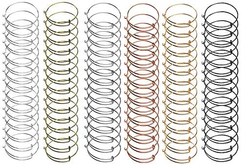Tamicy 90 Pcs (6 colors) Expandable Bangle Charms Bracelets - Adjustable Wire Bracelets, Stainless Steel Blank Bangles for DIY Jewelry Making (Silver, Gold, Rose Gold, White K Black Antique Bronze)